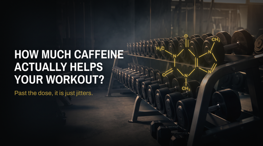 Dumbbell rack in a dark gym lit with warm gold light, beside a gold caffeine molecule diagram, under the headline How much caffeine actually helps your workout and the line Past the dose, it is just jitters.