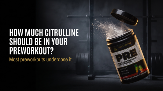 Adonis Complex PRE Fruit Punch pre-workout tub tilted in a dark gym with the lid off and white powder bursting out, next to the headline How much citrulline should be in your preworkout and the line most preworkouts underdose it.