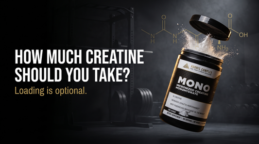 Adonis Complex MONO creatine tub tilted in a dark gym with white creatine powder bursting out and a gold creatine molecular structure across the top, next to the headline How much creatine should you take and the line Loading is optional.