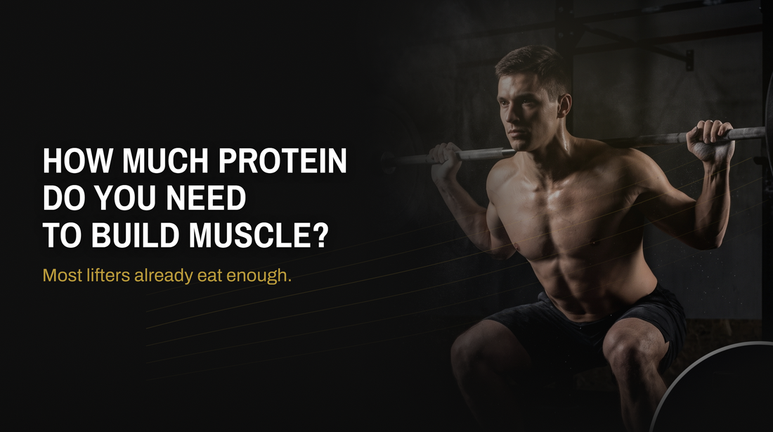 Athlete back squatting in a dark gym under the headline How much protein do you need to build muscle