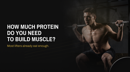 Athlete back squatting in a dark gym under the headline How much protein do you need to build muscle